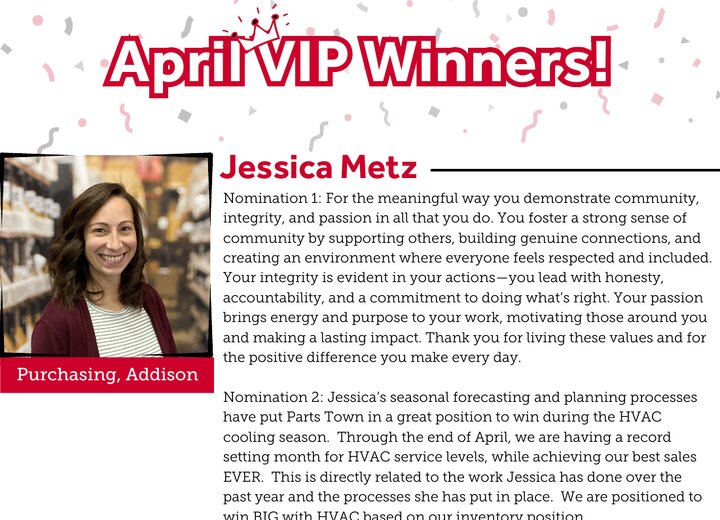 April 2026 VIP Winners recognition communication