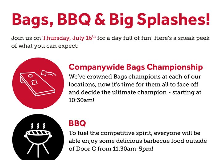 Bags, BBQ and Big Splashes event flyer